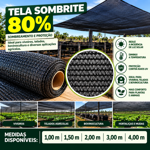 Tela Sombrite 80% Preta para Sombreamento- para Viveiros, Telados e Bovinocultura