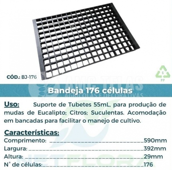 Kit 1 Bandeja Plana 176 Células Completa Com Tubetes 55cm para Produção de Mudas Eucalipto