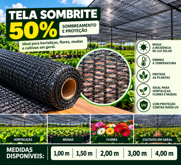 Tela Sombrite 50% Preta para Sombreamento para hortaliças, flores e mudas em geral