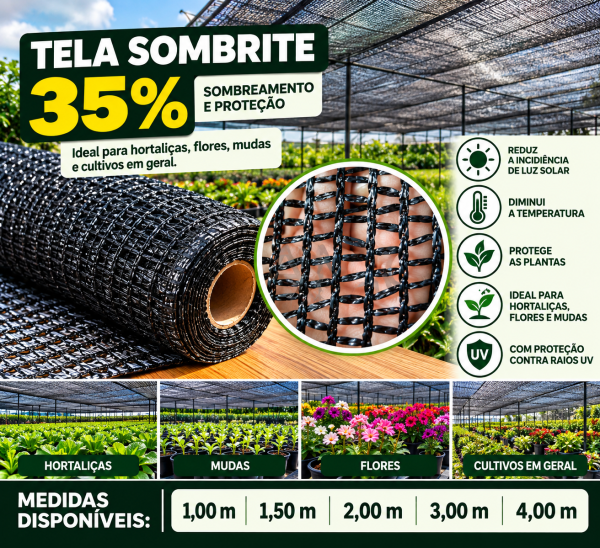 Tela Sombrite 35% Preta para Sombreamento - para hortaliças, flores e mudas em geral.